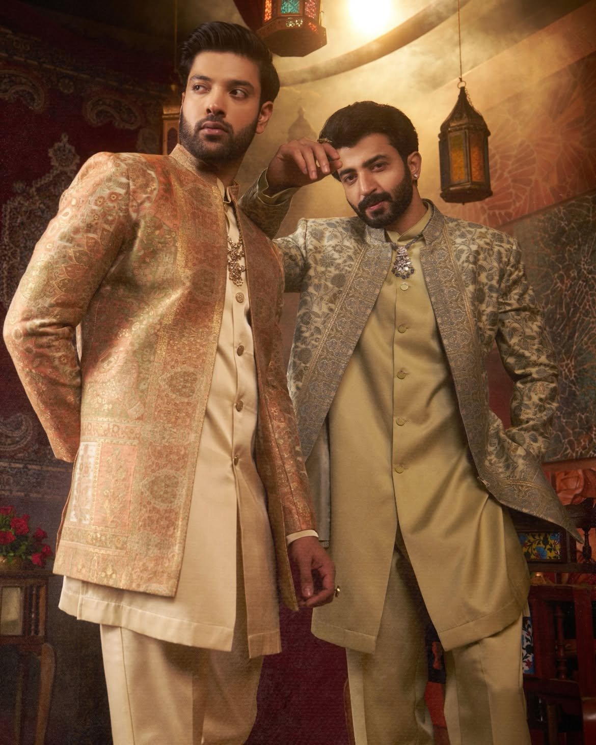 Gold brocade and sage green jacket ensembles