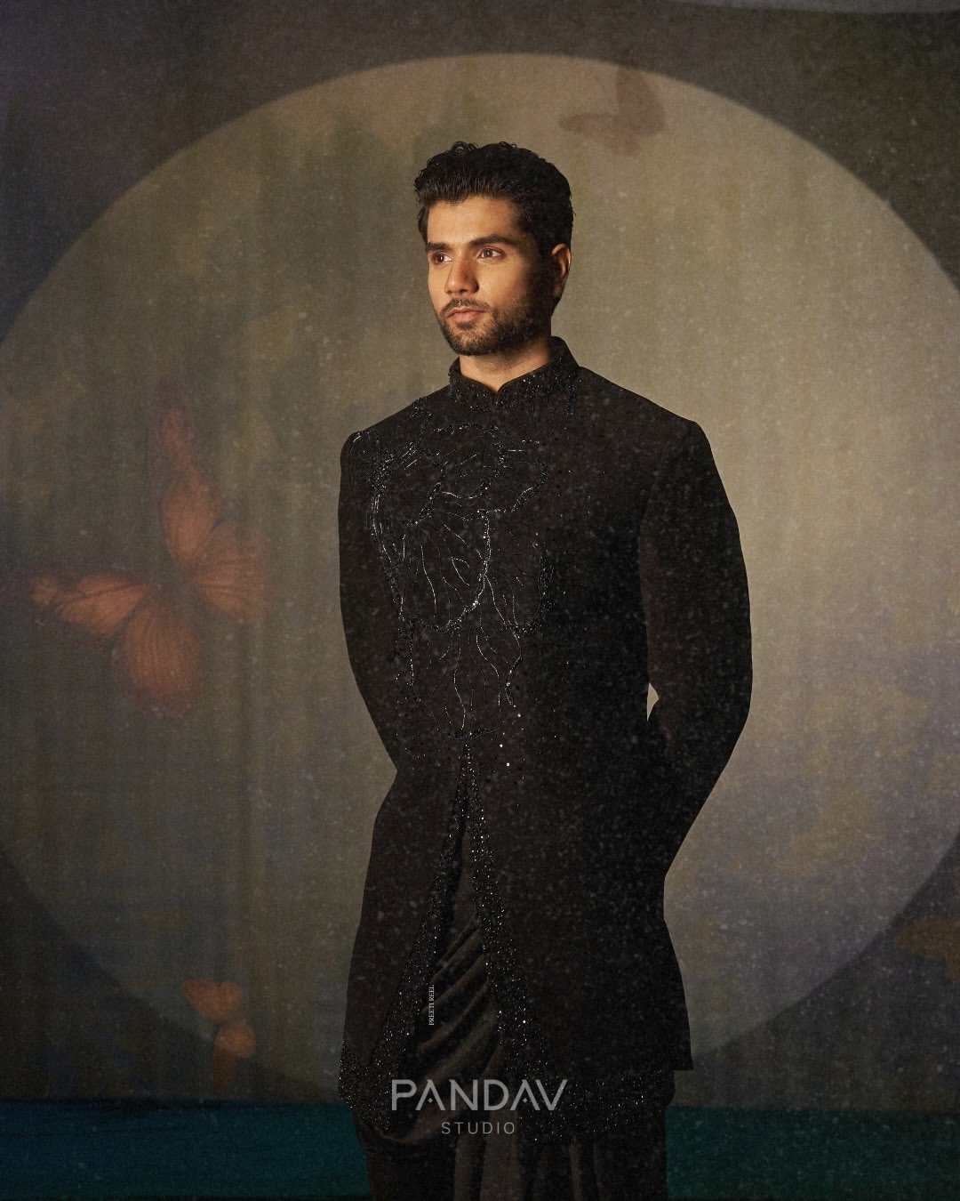 Black embroidered bandhgala with draped trousers